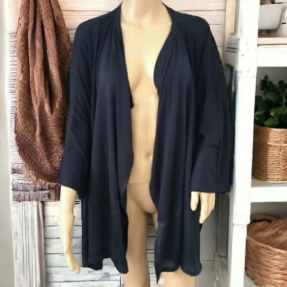 Natori Kimono L Navy Blue Cardigan Dolman Batwing Sleeve Satin Trim Sheer Flowy - Picture 14 of 16